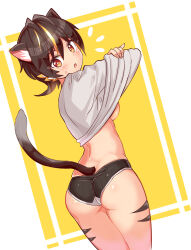 Rule 34 | 1girl, :o, animal ears, ass, black hair, black panties, breasts, cat ears, cat girl, cat tail, clothes lift, commentary, cougar (cougar1404), cowboy shot, facial mark, from behind, grey shirt, kua (cougar1404), lifting own clothes, light frown, looking at viewer, looking back, medium breasts, multicolored hair, no bra, notice lines, open mouth, orange eyes, orange hair, original, panties, ribbed panties, shirt, shirt lift, short hair, solo, standing, streaked hair, sweatdrop, tail, underboob, underwear, undressing, wedgie, whisker markings, yellow background