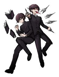 Rule 34 | 2boys, absurdres, black footwear, black jacket, black pants, book, brown hair, danganronpa: trigger happy havoc, danganronpa (series), dual persona, floating, floating object, foreshortening, frown, fukawa toko, full body, genderswap, genderswap (ftm), genocider shou, glasses, highres, holding, invisible chair, jacket, knee up, long sleeves, looking at viewer, male focus, mole, mole under mouth, multiple boys, no (xpxz7347), pants, red eyes, round eyewear, school uniform, shirt, short hair, simple background, sitting, smile, tongue, tongue out, white background