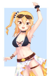 Rule 34 | 1girl, :d, arm up, armpits, bare shoulders, belt, bikini, black choker, blonde hair, blush, breasts, brown eyes, choker, cleavage, collarbone, eyewear on head, gluteal fold, hair between eyes, hair ornament, halterneck, highres, hinatsuki mikan, kuramoto takato, lace-trimmed choker, lace trim, long hair, looking at viewer, machikado mazoku, medium breasts, navel, open mouth, side ponytail, simple background, smile, solo, standing, sunglasses, swimsuit, teeth, thigh strap, upper teeth only