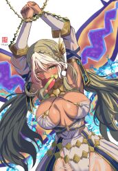Rule 34 | 1girl, andromeda (fate), andromeda (first ascension) (fate), bare shoulders, blonde hair, box, breasts, cleavage, dark-skinned female, dark skin, fate/grand order, fate (series), gift, gift box, green eyes, heart-shaped box, iron samurai, large breasts, long hair, looking at viewer, mouth hold, solo, white hair