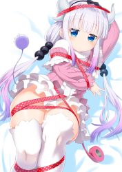 Rule 34 | 10s, 1girl, blue eyes, capelet, commentary request, dragon girl, dragon horns, dragon tail, entangled, hair bobbles, hair ornament, hairband, highres, horns, kanna kamui, kobayashi-san chi no maidragon, light purple hair, long hair, looking at viewer, low twintails, lying, saruchitan, skindentation, slit pupils, solo, tail, tape, thick thighs, thighhighs, thighs, twintails, zettai ryouiki