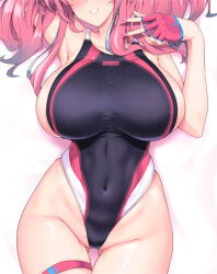 Rule 34 | 1girl, alternate costume, arm up, armpits, azur lane, black one-piece swimsuit, blush, breasts, bremerton (azur lane), commentary, competition swimsuit, covered navel, cowboy shot, cropped, dakimakura (medium), facing viewer, fingerless gloves, from above, gloves, gluteal fold, grey hair, grin, halcon, head out of frame, highleg, highleg swimsuit, large breasts, long hair, lying, mole, mole under eye, multicolored hair, nail polish, on back, one-piece swimsuit, pink gloves, pink hair, pink nails, sideboob, skindentation, smile, solo, streaked hair, swimsuit, thigh gap, thigh strap, twintails, two-tone hair, v