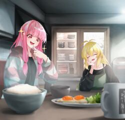 Rule 34 | 2girls, alternate costume, antenna hair, apron, beads, black shirt, blonde hair, blurry, blurry foreground, bowl, breakfast, c.parfait, commentary request, cup, finger to own chin, fried egg, hair beads, hair ornament, hand on own cheek, hand on own face, head rest, head tilt, highres, hood, hood down, hoodie, indoors, kitchen, kotonoha akane, long hair, long sleeves, low-tied sidelocks, morning, mug, multiple girls, open clothes, open hoodie, open mouth, pink hair, red eyes, rice, rice bowl, salad, shirt, sidelighting, sidelocks, smile, sparkle, striped clothes, striped hoodie, table, tsurumaki maki, voiceroid