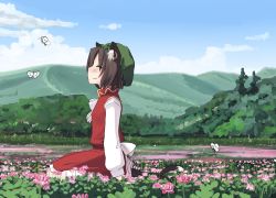 Rule 34 | 1girl, animal ears, black hair, bug, butterfly, cat ears, cat girl, cat tail, chen, closed eyes, cloud, day, earrings, female focus, field, flower, flower field, green hat, happy, hat, insect, jewelry, kneeling, multiple tails, nature, outdoors, pond, scenery, short hair, sitting, sky, smile, solo, tail, takuzui, touhou, twintails, water