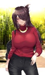 Rule 34 | 1girl, absurdres, backpack, bag, beidou (genshin impact), black hair, black pants, blurry, blurry background, blush, breasts, casual, earrings, genshin impact, hair over one eye, highres, jewelry, large breasts, long hair, looking at viewer, masaki nanaya, necklace, outdoors, pants, red eyes, red sweater, revision, smile, solo, sweater, turtleneck, turtleneck sweater