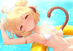 Rule 34 | 1girl, andira (granblue fantasy), animal ears, armpits, bikini, bikini pull, blonde hair, brazier, breasts, brown eyes, cleavage, clothes pull, erune, from above, granblue fantasy, highres, innertube, kimblee, lifebuoy, looking at viewer, monkey ears, monkey girl, monkey tail, short hair, short twintails, solo, swim ring, swimsuit, tail, twintails, white bikini