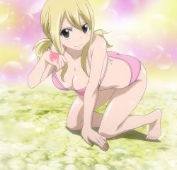 Rule 34 | 1girl, all fours, barefoot, bikini, blonde hair, blush, breasts, brown eyes, cleavage, fairy tail, feet, female focus, highres, large breasts, looking at viewer, lucy heartfilia, screencap, solo, stitched, swimsuit, tattoo, third-party edit, twintails