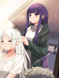 2girls =_= absurdres blunt_bangs brushing_another&#039;s_hair brushing_hair camisole collarbone dutch_angle fern_(sousou_no_frieren) frieren from_below grey_hoodie hand_on_another&#039;s_head highres hood hood_down hoodie indoors lens_flare light_blush light_particles light_rays long_hair looking_ahead multiple_girls open_clothes open_hoodie puffy_short_sleeves puffy_sleeves purple_eyes purple_hair short_sleeves sidelocks smile sousou_no_frieren sunbeam sunlight sweater thick_eyebrows turtleneck turtleneck_sweater upper_body wasabiyu18 white_camisole white_hair white_sweater window