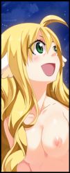 Rule 34 | 1girl, blonde hair, breasts, fairy tail, gaston18, green eyes, happy, large breasts, laughing, mavis vermilion, nipples, nude, smile, solo, tagme