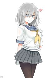 Rule 34 | 10eki (tenchou), 10s, 1girl, black pantyhose, blue eyes, blush, breasts, eyes visible through hair, gloves, grey skirt, hair ornament, hair over one eye, hairclip, hamakaze (kancolle), hand on own chest, heart, highres, kantai collection, large breasts, looking at viewer, miniskirt, neckerchief, pantyhose, pleated skirt, sailor collar, school uniform, serafuku, short hair, silver hair, simple background, skirt, smile, solo, white background, white gloves, yellow neckerchief