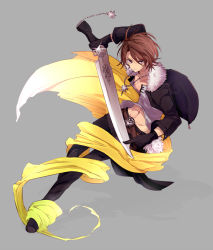 Rule 34 | 1990s (style), 1boy, abs, artist request, belt, brown hair, earrings, final fantasy, final fantasy viii, fur trim, gloves, gunblade, highres, jacket, jewelry, looking at viewer, male focus, necklace, open clothes, open jacket, solo, squall leonhart, weapon