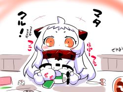 Rule 34 | 10s, 1girl, abyssal ship, ahoge, aircraft, airplane, dice, dress, horns, kantai collection, long hair, northern ocean princess, orange eyes, sako (bosscoffee), solo, toy, toy airplane, translation request, white dress, white hair