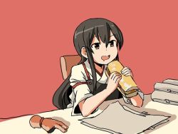 Rule 34 | 10s, 1girl, akagi (kancolle), black hair, brown eyes, commentary, drooling, food, gloves, unworn gloves, japanese clothes, kantai collection, mouth drool, muneate, open mouth, partially fingerless gloves, partly fingerless gloves, sandwich, sixten, smile, solo, submarine sandwich, upper body, wrapper, yugake