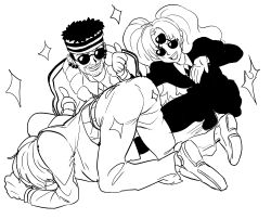 Rule 34 | 1girl, 2boys, all fours, ass, blush, charlotte pudding, formal, full body, gangnam style, gin (one piece), gloves, hetero, highres, jacket, long hair, monochrome, multiple boys, one piece, open mouth, pants, parody, rita ya, sanji (one piece), shoes, short hair, smile, sparkle, suit, sunglasses, third eye, thumbs up, twintails, yaoi