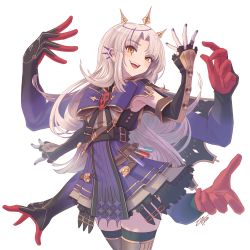 Rule 34 | 1girl, absurdres, black thighhighs, blonde hair, bow, brown eyes, cagliostro (granblue fantasy), cagliostro (granblue fantasy) (cosplay), cosplay, extra arms, genderswap, genderswap (mtf), granblue fantasy, hair behind ear, hairband, highres, holostars, holostars english, huge bow, long hair, magni dezmond, mole, mole under eye, multiple arms, nail polish, open hands, open mouth, parted bangs, purple bow, purple nails, purple skirt, skirt, smile, solo, test tube, thighhighs, virtual youtuber, white background, zhvo