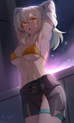 1girl absurdres armpits arms_up black_skirt breasts collarbone cowboy_shot grey_hair highres honkai:_star_rail honkai_(series) long_hair looking_at_viewer medium_breasts miniskirt navel open_mouth skirt solo standing stelle_(honkai:_star_rail) stomach thigh_strap trailblazer_(honkai:_star_rail) vilde_loh_hocen yellow_eyes