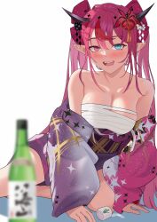 Rule 34 | 1girl, absurdres, blue eyes, blush, bottle, breasts, chest sarashi, choko (cup), cleavage, cup, flower, hair flower, hair ornament, heterochromia, highres, hololive, hololive english, irys (hololive), irys (new year) (hololive), japanese clothes, kimono, large breasts, long hair, looking at viewer, multicolored hair, official alternate costume, open mouth, pink eyes, pink kimono, pointy ears, purple hair, purple kimono, red hair, sake bottle, sarashi, shift (shiftillust), solo, teeth, twintails, two-tone hair, two-tone kimono, upper teeth only, virtual youtuber, white background