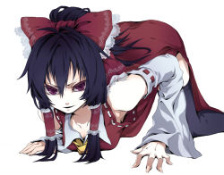 Rule 34 | 1girl, all fours, bare shoulders, black hair, bow, collarbone, colored eyelashes, crawling, detached sleeves, embellished costume, eyelashes, female focus, fingernails, hair bow, hakurei reimu, lace, last c, looking at viewer, nail, red eyes, short hair, simple background, solo, thighhighs, touhou, white background, yukimichi (nieko)