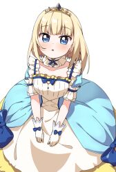 Rule 34 | 1girl, :o, blonde hair, blue bow, blue eyes, blush, bow, breasts, collar, collarbone, detached collar, dress, dress bow, frilled collar, frilled dress, frilled sleeves, frills, from above, glove bow, gloves, haru (konomi 150), long dress, looking at viewer, looking up, medium hair, mia luna tearmoon, multicolored clothes, multicolored dress, open mouth, princess, short sleeves, simple background, small breasts, solo, straight hair, tearmoon teikoku monogatari, tiara, white background, white collar, white gloves
