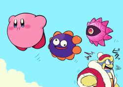 Rule 34 | blue skin, blue sky, blush stickers, colored skin, commentary request, floating, gloves, gooey (kirby), highres, king dedede, kirby, kirby: star allies, kirby (series), mikanbako (aitatadon3), nintendo, no humans, one-eyed, open mouth, pink skin, pom pom (clothes), sky, solid oval eyes, sweat, void termina, wall-eyed, yellow gloves