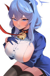 Rule 34 | 1girl, absurdres, ako (blue archive), bell, black hairband, black skirt, black thighhighs, blue archive, blue eyes, blue hair, blue halo, blue jacket, blush, breasts, buttons, clenched teeth, crescent halo, hair between eyes, hairband, halo, highres, jacket, large breasts, long hair, long sleeves, looking at viewer, neck bell, shirt, sideboob, simple background, skirt, solo, sovietex, teeth, thighhighs, white background, white shirt