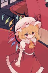 Rule 34 | 1girl, absurdres, ascot, blonde hair, clenched hands, closed mouth, cowboy shot, crystal wings, dress, flandre scarlet, frills, hat, hat ribbon, highres, indoors, medium hair, meonjiuikkum, mob cap, puffy short sleeves, puffy sleeves, red dress, red eyes, red ribbon, ribbon, short sleeves, side ponytail, solo, touhou, yellow ascot