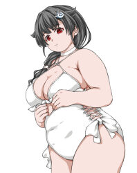 Rule 34 | 1girl, black hair, breasts, choker, cleavage, hair ornament, jingei (kancolle), kantai collection, medium breasts, one-piece swimsuit, plump, red eyes, side ponytail, solo, standing, suda (yuunagi enikki), swimsuit