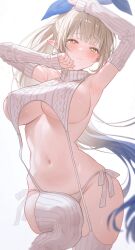 Rule 34 | 1girl, armpits, arms up, bare shoulders, blonde hair, blue hair, blurry, blush, breasts, cable knit, closed mouth, commission, depth of field, detached sleeves, elf, frown, fymrie, garter straps, hair ribbon, highres, large breasts, leg up, long hair, long sleeves, looking at viewer, meme attire, multicolored hair, no bra, original, panties, pointy ears, ponytail, ribbed sleeves, ribbed thighhighs, ribbon, side-tie panties, sideboob, sidelocks, simple background, sleeveless, sleeveless turtleneck, sleeves past wrists, solo, string panties, sweater, thighhighs, thighs, turtleneck, two-tone hair, underboob, underwear, very long hair, virgin destroyer sweater, white background, white panties, white sweater, white thighhighs, yellow eyes