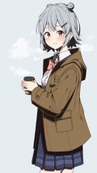Rule 34 | 1girl, blue skirt, blush, bow, bowtie, breasts, brown jacket, cevio, closed mouth, collared shirt, cowboy shot, cup, disposable coffee cup, disposable cup, dot nose, double bun, grey background, grey hair, hair bun, hair ornament, hairclip, highres, holding, holding cup, jacket, koharu rikka, long sleeves, looking at viewer, minatsuki (m1natsuk1), pink bow, pink bowtie, pocket, red eyes, shirt, short hair, simple background, skirt, small breasts, smile, solo, standing, steam, synthesizer v, white shirt