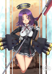 Rule 34 | 10s, 1girl, absurdres, artist name, black gloves, dress, full body, glaive (polearm), gloves, halo, highres, kantai collection, lips, loafers, mechanical halo, parted bangs, personification, polearm, purple eyes, purple hair, realmbw, shoes, smile, solo, tatsuta (kancolle), weapon
