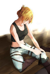 Rule 34 | 1girl, abs, annie leonhart, bad id, bad pixiv id, bare shoulders, belt, black tank top, blonde hair, boots, breasts, colored eyelashes, dressing, folded ponytail, groin, highres, knee boots, medium breasts, midriff, shingeki no kyojin, sitting, sketch, solo, tank top
