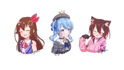 Rule 34 | 3girls, ^ ^, absurdres, android, animal ears, artist name, beret, blue choker, blue eyes, blue hair, breasts, brown hair, cat ears, choker, closed eyes, commentary, crown, dress, earrings, english commentary, flat chest, glasses, hair behind ear, hair ornament, hat, head tilt, highres, hololive, hood, hoodie, hoshimachi suisei, hoshimachi suisei (1st costume), idol, jewelry, kemonomimi mode, light blush, long hair, looking at viewer, mechanical hands, medium breasts, multiple girls, paw print, pink hoodie, plaid, plaid dress, plaid headwear, red neckwear, roboco-san, roboco-san (hoodie), side ponytail, smile, star (symbol), star earrings, star hair ornament, tokino sora, tokino sora (1st costume), upper body, virtual youtuber, vyolfers, white background