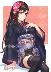 Rule 34 | 1girl, alternate costume, black hair, black kimono, black thighhighs, bow, breasts, closed mouth, final fantasy, final fantasy vii, final fantasy vii remake, flower, hair flower, hair ornament, hand up, japanese clothes, kimono, lips, long hair, looking at viewer, obi, ohse, pink flower, red eyes, sash, sitting, smile, solo, square enix, tassel, thighhighs, tifa lockhart, tifa lockhart (exotic dress), twitter username, wall market, wide sleeves, zettai ryouiki