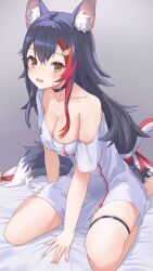 Rule 34 | 1girl, alternate costume, angeldu, animal ear fluff, animal ears, barefoot, black choker, black hair, blush, breasts, choker, cleavage, collarbone, commentary, double-parted bangs, full body, gradient background, grey background, hair ornament, highres, hololive, kneeling, long hair, looking at viewer, medium breasts, multicolored hair, no bra, off shoulder, on bed, ookami mio, open mouth, orange eyes, oversized clothes, oversized shirt, red hair, shirt, simple background, single bare shoulder, skindentation, solo, streaked hair, sweatdrop, thigh strap, very long hair, virtual youtuber, white hair, white shirt, wolf ears