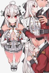 Rule 34 | !, 1boy, 1girl, :3, :o, = =, ?, ??, ahoge, anparu, arrow (symbol), bad id, bad pixiv id, black neckwear, black ribbon, blush, breasts, buttons, closed mouth, collared shirt, commander (girls&#039; frontline), commentary request, double-breasted, emblem, frilled sleeves, frills, full body, girls&#039; frontline, glint, griffin &amp; kryuger military uniform, hair between eyes, hair ornament, hair ribbon, hairclip, half updo, hands on another&#039;s shoulders, heart, hetero, highres, iws 2000 (girls&#039; frontline), jacket, jewelry, kiss, kissing forehead, kneehighs, korean commentary, long hair, long sleeves, medium breasts, military, military uniform, miniskirt, necktie, open clothes, open jacket, own hands together, parted lips, patreon username, pleated skirt, red eyes, red shirt, ribbon, ring, shirt, shoes, sidelocks, silver hair, simple background, skirt, socks, spoken heart, spoken question mark, standing, uniform, wedding band, white background, white footwear, white jacket, white shirt, white skirt, white socks, wing collar