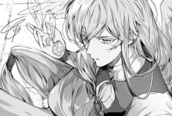 Rule 34 | 1boy, cardcaptor sakura, closed mouth, crystal, expressionless, feathered wings, gem, greyscale, hair between eyes, holding, holding gem, long hair, long sleeves, looking at viewer, low-tied long hair, male focus, monochrome, robe, sett, signature, solo, tcb, upper body, very long hair, wings, yue (cardcaptor sakura)