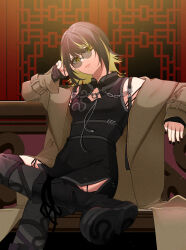 Rule 34 | 1girl, bare shoulders, black dress, black hair, black nails, blonde hair, boots, breasts, brown coat, chain, china dress, chinese clothes, cleavage cutout, clothing cutout, coat, crossed legs, detached sleeves, dress, glasses, highres, idolmaster, idolmaster shiny colors, ikaruga luca, indoors, looking at viewer, medium hair, multicolored hair, nail polish, official alternate costume, round eyewear, semi-rimless eyewear, sitting, small breasts, solo, strap, streaked hair, toudou (tudu i), two-tone hair, yellow eyes