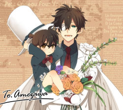 Rule 34 | 2boys, adjusting clothes, adjusting headwear, aqua eyes, bad id, bad pixiv id, blue eyes, bouquet, bow, bowtie, brown eyes, brown hair, cape, carrying, edogawa conan, flower, formal, french text, glasses, gloves, green eyes, hat, kaitou kid, kuroba kaito, looking at viewer, male focus, meitantei conan, monocle, multiple boys, necktie, open mouth, plant, short hair, shorts, smile, suit, tamado sao, top hat, upper body, white gloves, white suit