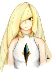 Rule 34 | 10s, arms at sides, bare arms, bare shoulders, blonde hair, creatures (company), dress, fatuus, game freak, green eyes, hair over one eye, highres, long hair, lusamine (pokemon), nintendo, pokemon, pokemon sm, portrait, signature, simple background, sleeveless, sleeveless dress, smile, solo, very long hair, white background