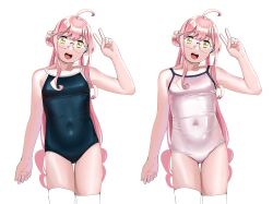 Rule 34 | 1girl, absurdres, ahoge, alternate costume, breasts, cowboy shot, glasses, highres, kantai collection, long hair, makigumo (kancolle), multiple views, ojipon, one-piece swimsuit, pink hair, pink one-piece swimsuit, semi-rimless eyewear, simple background, small breasts, swimsuit, thighhighs, v, very long hair, white background, white thighhighs, yellow eyes