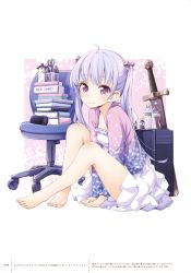 Rule 34 | 10s, 1girl, absurdres, ahoge, barefoot, between legs, book, bootle, bottle, casual, collarbone, copyright request, eyebrows, feet, full body, hair ribbon, hand between legs, highres, long hair, looking at viewer, new game!, official art, purple eyes, purple hair, purple ribbon, ribbon, scan, simple background, sitting, smile, solo, suzukaze aoba, sword, toes, tokunou shoutarou, twintails, weapon, white background