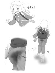 Rule 34 | 1girl, aruta (omoalta), ass, backpack, bag, blush, bottle, character request, female focus, flying sweatdrops, from behind, greyscale, hands up, have to pee, highres, jacket, long hair, long sleeves, monochrome, motion lines, multiple views, open mouth, pants, peeing, peeing self, running, shoes, simple background, text focus, track jacket, track suit, translation request, upper body, wet, wet clothes, white background