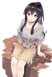 Rule 34 | 1girl, black hair, blouse, brick floor, brown eyes, brown shirt, brown skirt, commentary request, kantai collection, long hair, looking at viewer, mole, mole under eye, official alternate costume, pleated skirt, ponytail, satsumi, shirt, sidelocks, simple background, sitting, skirt, solo, striped clothes, striped shirt, white background, yahagi (kancolle)