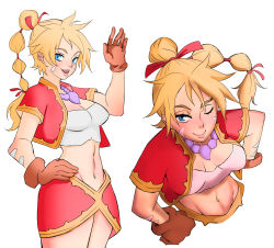 Rule 34 | 1girl, bead necklace, beads, blonde hair, blue eyes, body markings, breasts, brown gloves, ceroccb, chrono cross, cleavage, cowboy shot, crop top, cropped jacket, facial mark, gloves, gold trim, hair ribbon, hand on own hip, hand up, highres, jacket, jewelry, kid (chrono cross), long hair, looking at viewer, medium breasts, midriff, miniskirt, multi-tied hair, multiple views, navel, necklace, one eye closed, open mouth, ponytail, red jacket, red ribbon, red skirt, ribbon, shirt, short sleeves, skirt, smile, upper body, waving, white background, white shirt