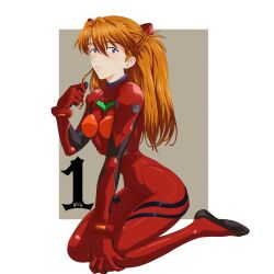 Rule 34 | 1girl, amondetauro, ass, blue eyes, blush, bodysuit, breasts, brown hair, commentary request, full body, gloves, hair ornament, hand in own hair, highres, kneeling, long hair, looking at viewer, medium breasts, neon genesis evangelion, plugsuit, red bodysuit, red gloves, simple background, souryuu asuka langley, white background