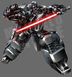 Rule 34 | artist name, box art, commentary, darth vader, energy sword, english commentary, grey background, holding, holding lightsaber, holding sword, holding weapon, lightsaber, marcelo matere, mecha, mecha focus, official art, open hand, red eyes, red lightsaber, robot, simple background, solo, star wars, sword, transformers, watermark, weapon