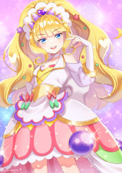 Rule 34 | 1girl, :d, apron, back bow, blonde hair, blue eyes, blunt bangs, bow, brooch, choker, cowboy shot, cure finale, delicious party precure, green bow, hair ornament, heart, heart brooch, highres, jewelry, kasai amane, legs apart, long hair, looking at viewer, magical girl, open mouth, pink skirt, precure, purple background, red bow, skirt, smile, solo, sparkle, standing, tiara, twitter username, white bow, white choker, yukinko (yukiwork)