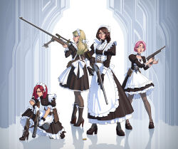 Rule 34 | 4girls, absurdres, ammunition pouch, blonde hair, braid, brown eyes, brown hair, commentary, english commentary, full body, glasses, green eyes, gun, handgun, high heels, highres, ivan yakushev, kneeling, maid, maid headdress, multiple girls, open mouth, original, pantyhose, pink eyes, pink hair, pouch, red hair, rifle, serious, shell casing, shotgun, sniper rifle, surprised, weapon, wide-eyed