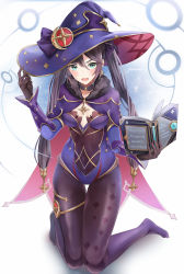 Rule 34 | 1girl, :d, absurdres, aqua eyes, black gloves, black hair, black pantyhose, blush, book, breasts, choker, cleavage, commentary request, earrings, full body, genshin impact, gloves, hair ornament, hat, highres, jewelry, kneeling, leotard, long hair, looking at viewer, lower teeth only, medium breasts, mona (genshin impact), open mouth, pantyhose, print pantyhose, smile, solo, star (symbol), star print, sukuemon, sweatdrop, teeth, thigh gap, twintails, witch hat
