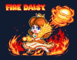 Rule 34 | 1girl, blue eyes, brown hair, character name, crown, dress, earrings, fire, fire daisy, flower earrings, full body, gloves, jewelry, looking at viewer, lu miegnig, mario (series), nintendo, power-up, princess daisy, solo focus, super mario bros. wonder, white dress